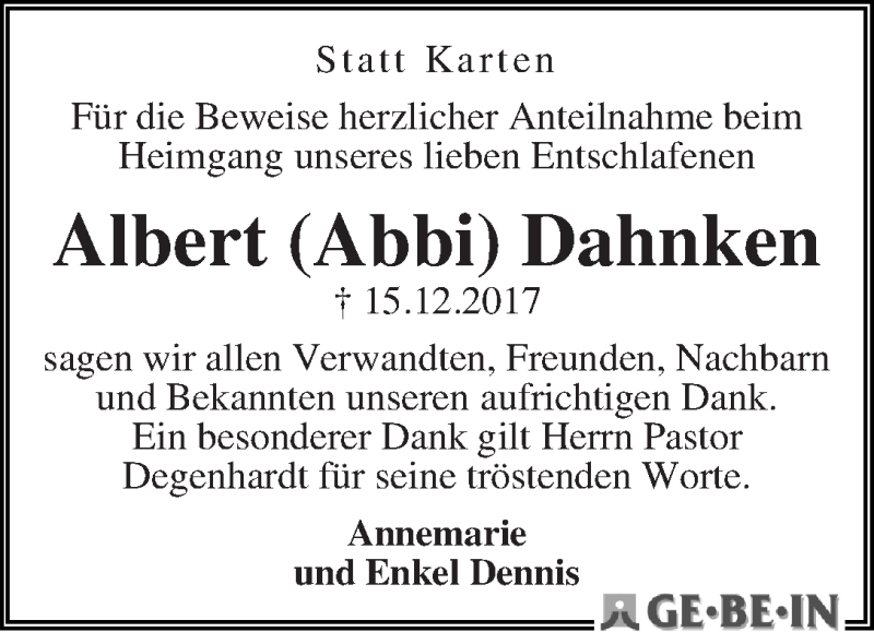 Traueranzeige von Albert Dahnken von WESER-KURIER