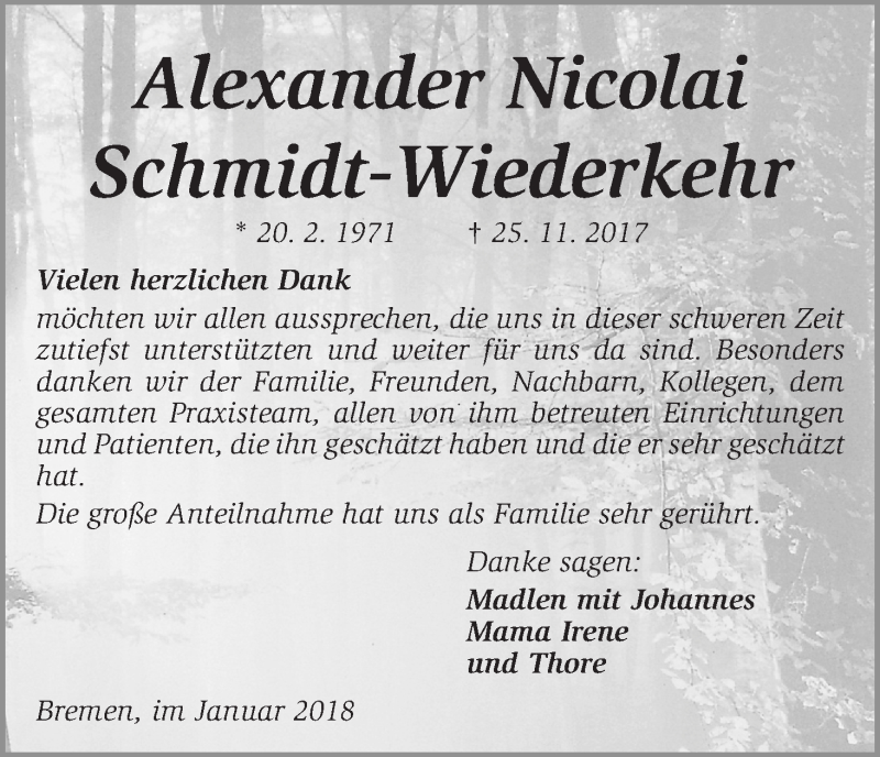 Traueranzeige von Alexander Nicolai Schmidt-Wiederkehr von WESER-KURIER