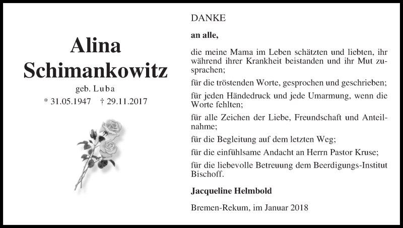 Traueranzeige von Alina Schimankowitz von Die Norddeutsche