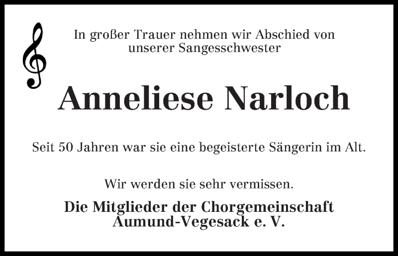 Traueranzeige von Anneliese Narloch von Die Norddeutsche