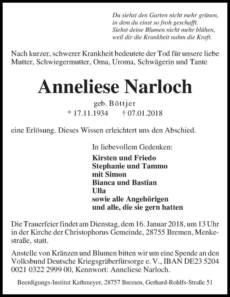 Traueranzeige von Anneliese Narloch von Die Norddeutsche