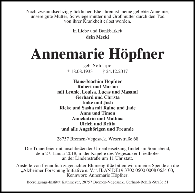 Traueranzeige von Annemarie Höpfner von Die Norddeutsche
