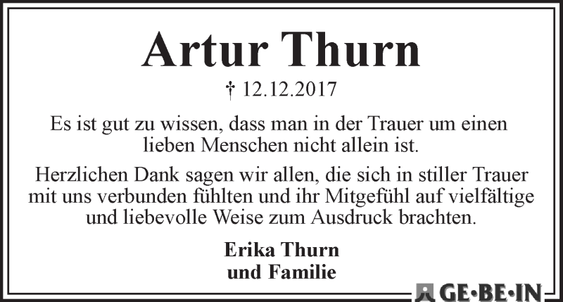 Traueranzeige von Artur Thurn von WESER-KURIER