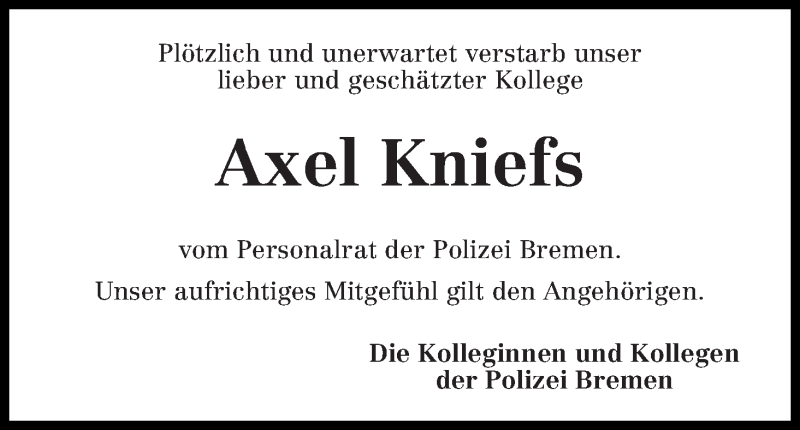 Traueranzeige von Axel Kniefs von WESER-KURIER