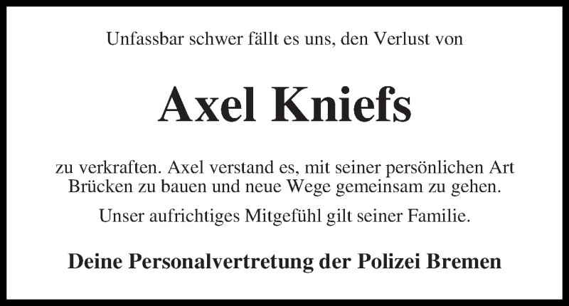 Traueranzeige von Axel Kniefs von WESER-KURIER