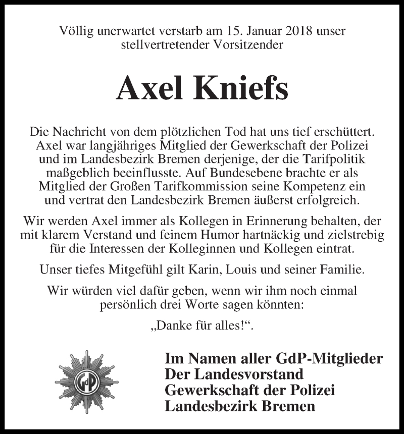 Traueranzeige von Axel Kniefs von WESER-KURIER