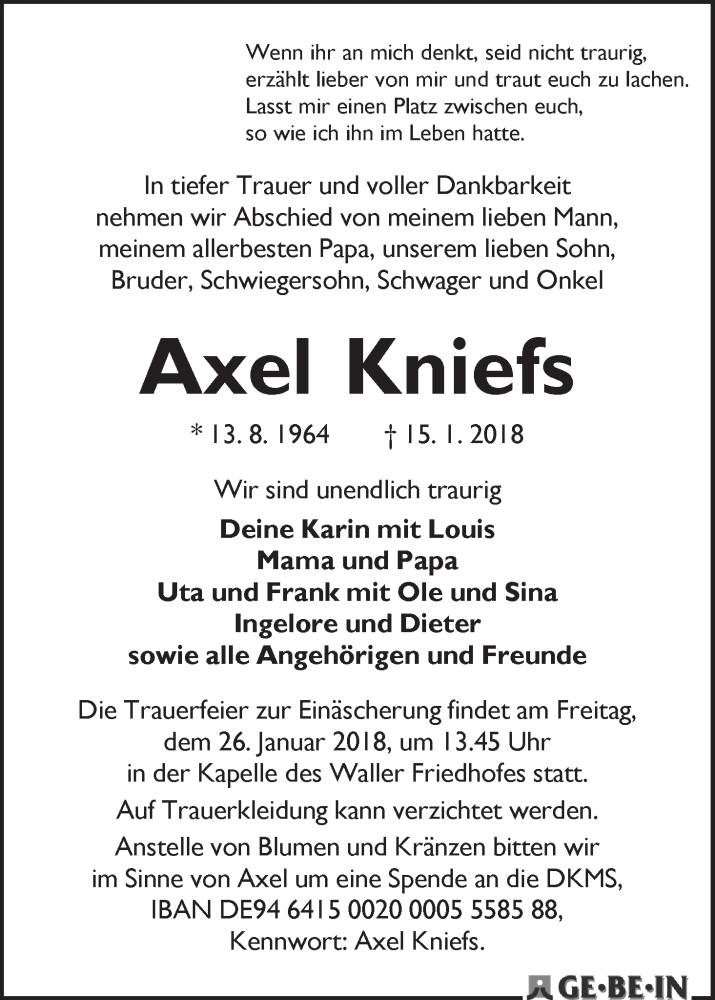 Traueranzeige von Axel Kniefs von WESER-KURIER