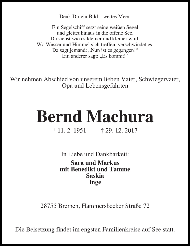 Traueranzeige von Bernd Machura von Die Norddeutsche