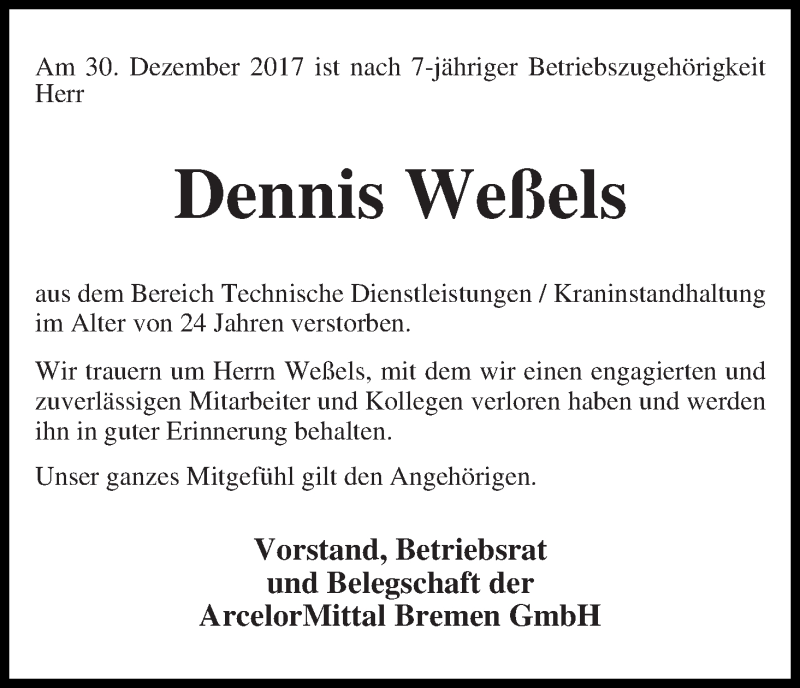 Traueranzeige von Dennis Weßels von WESER-KURIER