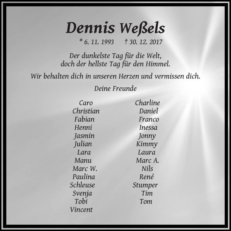 Traueranzeige von Dennis Weßels von WESER-KURIER