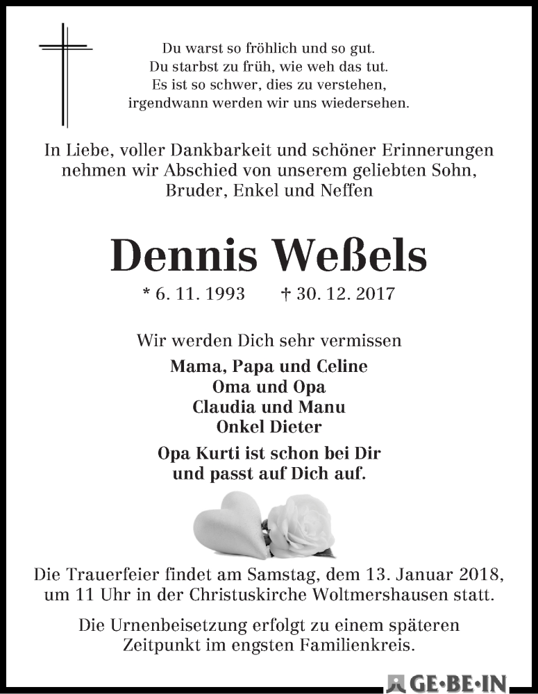 Traueranzeige von Dennis Weßels von WESER-KURIER