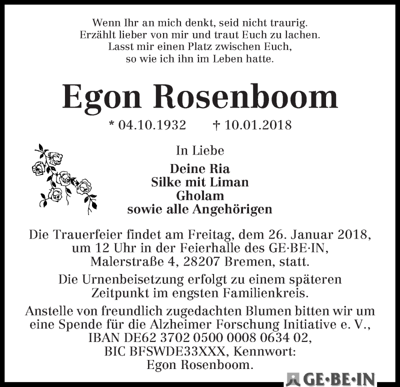 Traueranzeige von Egon Rosenboom von WESER-KURIER