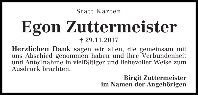 Traueranzeige von Egon Zuttermeister von WESER-KURIER