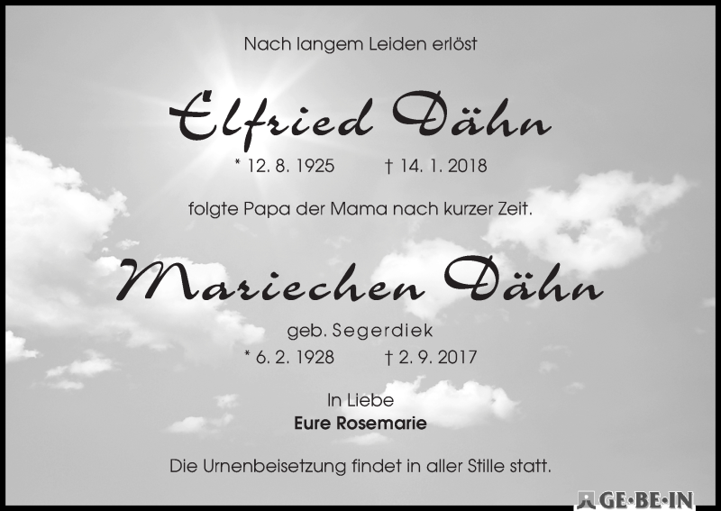 Traueranzeige von Elfried und Mariechen Dähn von WESER-KURIER