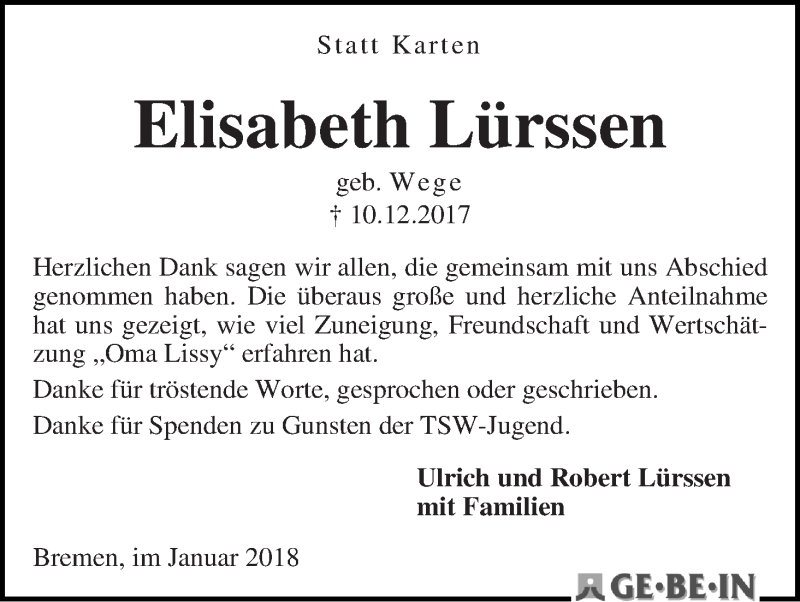 Traueranzeige von Elisabeth Lürssen von WESER-KURIER