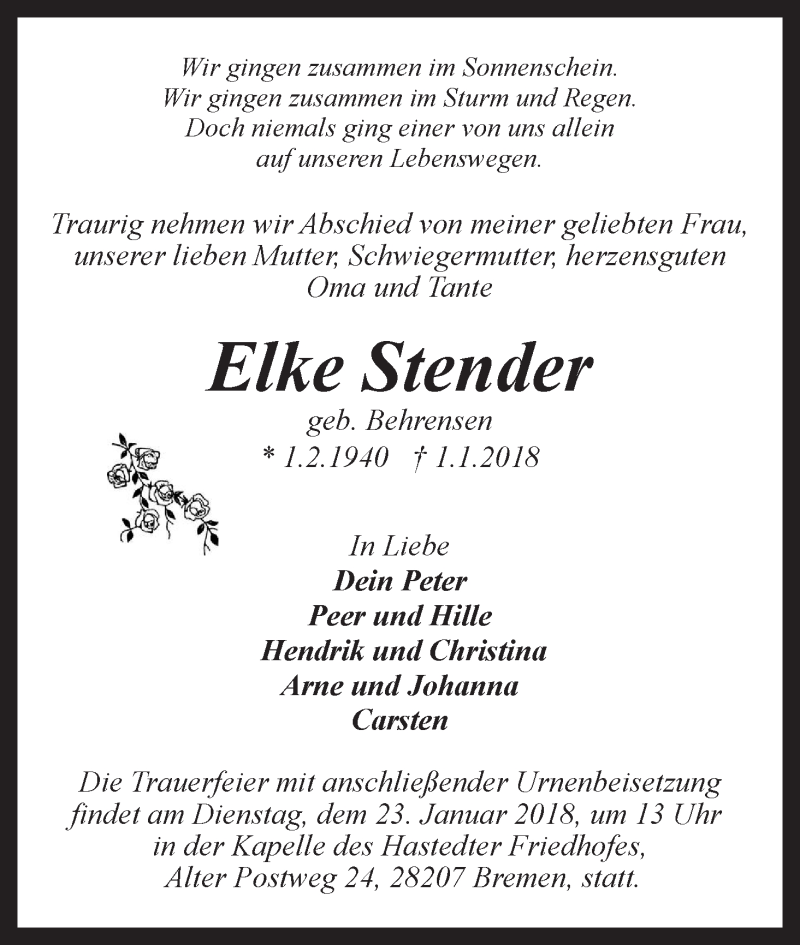 Traueranzeige von Elke Stender von WESER-KURIER