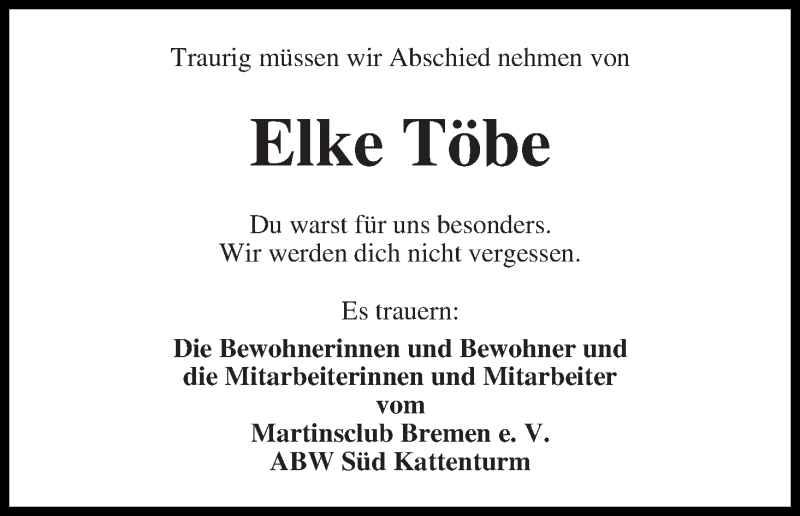 Traueranzeige von Elke Töbe von WESER-KURIER