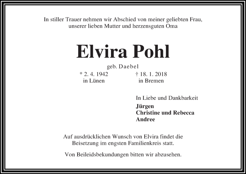 Traueranzeige von Elvira Pohl von WESER-KURIER
