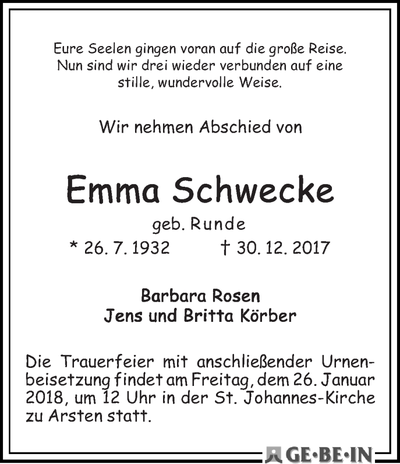 Traueranzeige von Emma Schwecke von WESER-KURIER