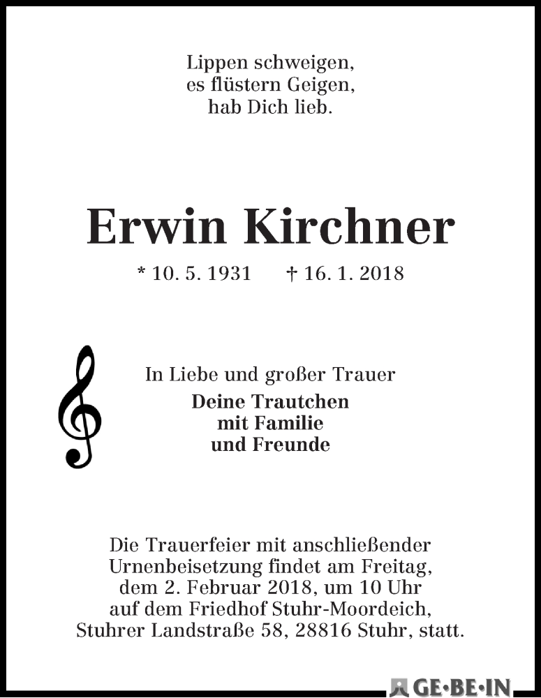 Traueranzeige von Erwin Kirchner von WESER-KURIER