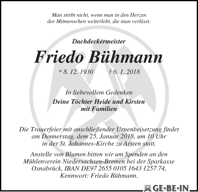 Traueranzeige von Friedo Bühmann von WESER-KURIER
