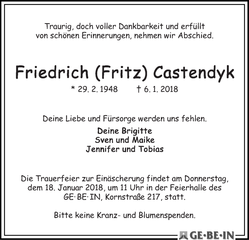 Traueranzeige von Friedrich (Fritz) Castendyk von WESER-KURIER