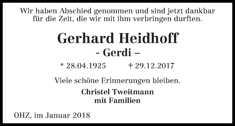 Traueranzeige von Gerhard Heidhoff von Osterholzer Kreisblatt