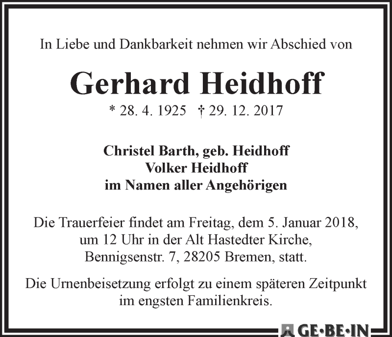 Traueranzeige von Gerhard Heidhoff von WESER-KURIER