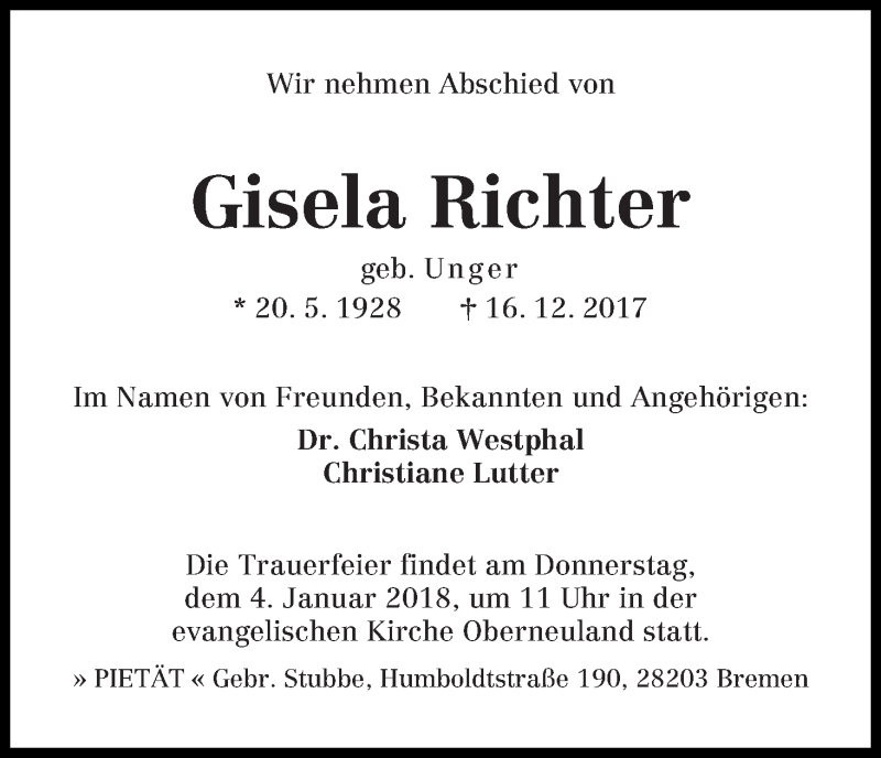 Traueranzeige von Gisela Richter von WESER-KURIER