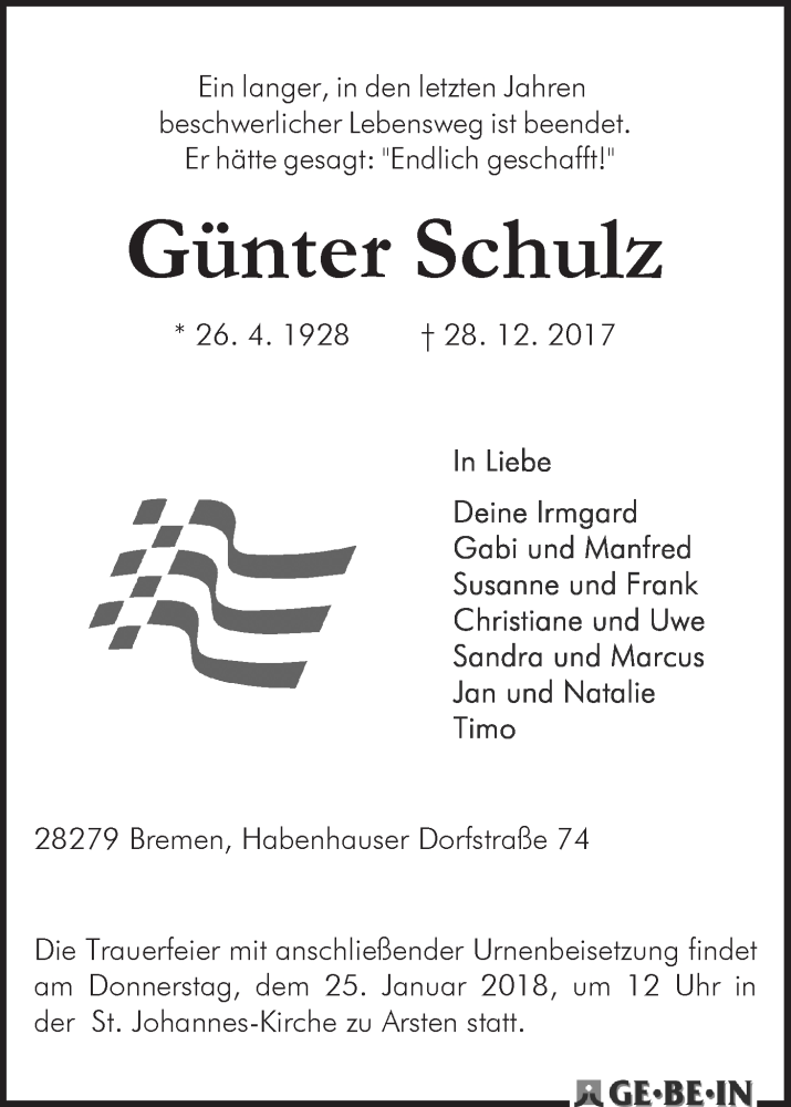 Traueranzeige von Günter Schulz von WESER-KURIER