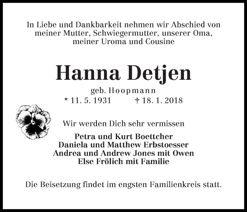 Traueranzeige von Hanna Detjen von WESER-KURIER