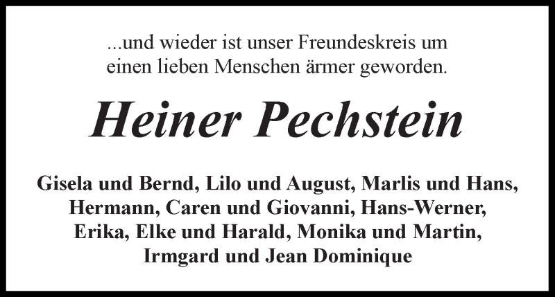 Traueranzeige von Heiner Pechstein von WESER-KURIER