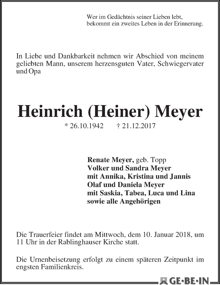 Traueranzeige von Heinrich Meyer von WESER-KURIER