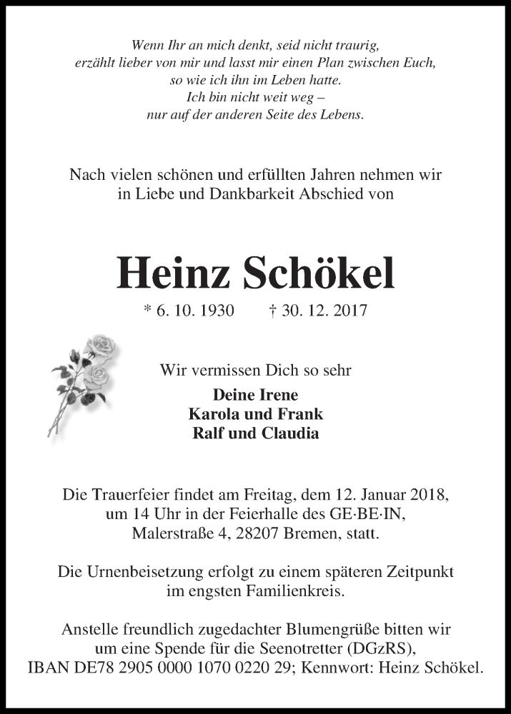Traueranzeige von Heinz Schökel von WESER-KURIER
