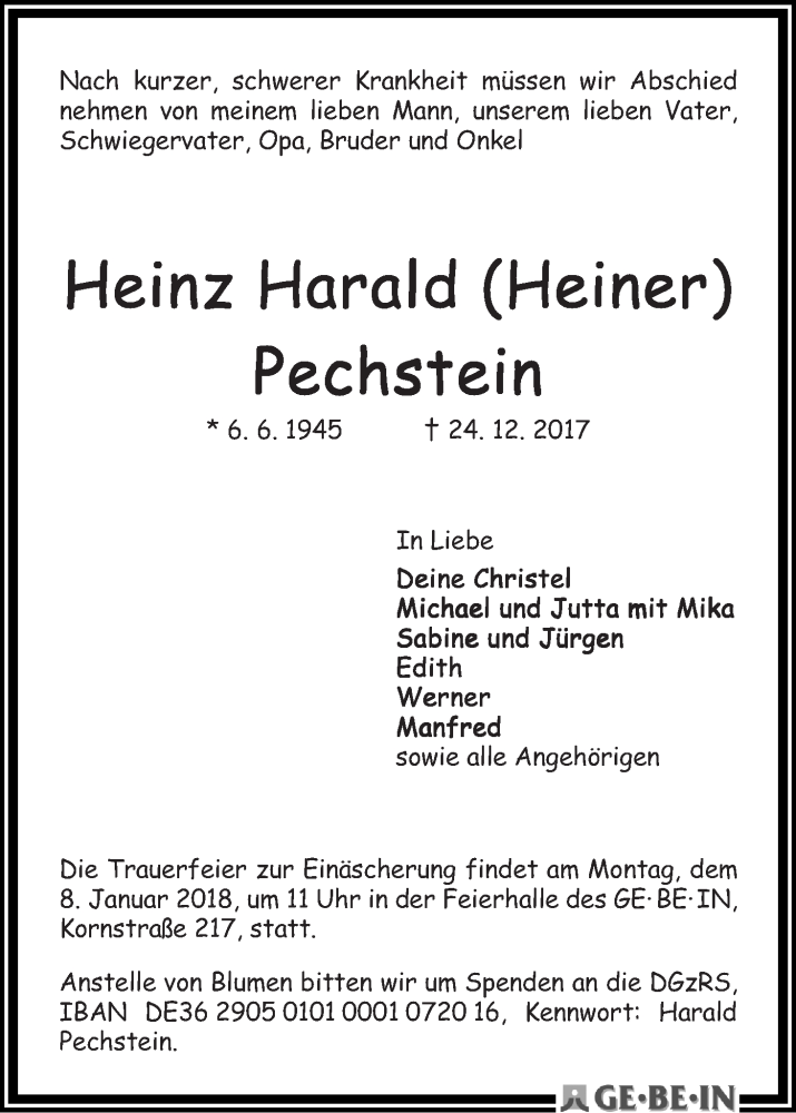 Traueranzeige von Heinz Harald Pechstein von WESER-KURIER