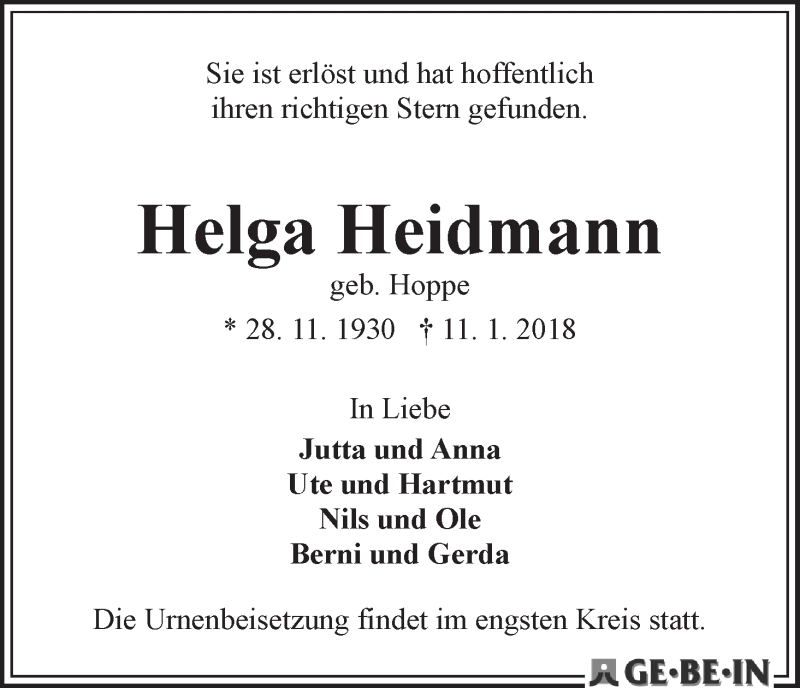 Traueranzeige von Helga Heidmann von WESER-KURIER