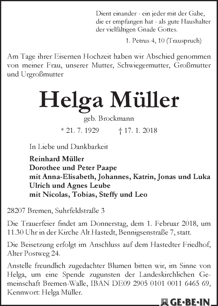 Traueranzeige von Helga Müller von WESER-KURIER