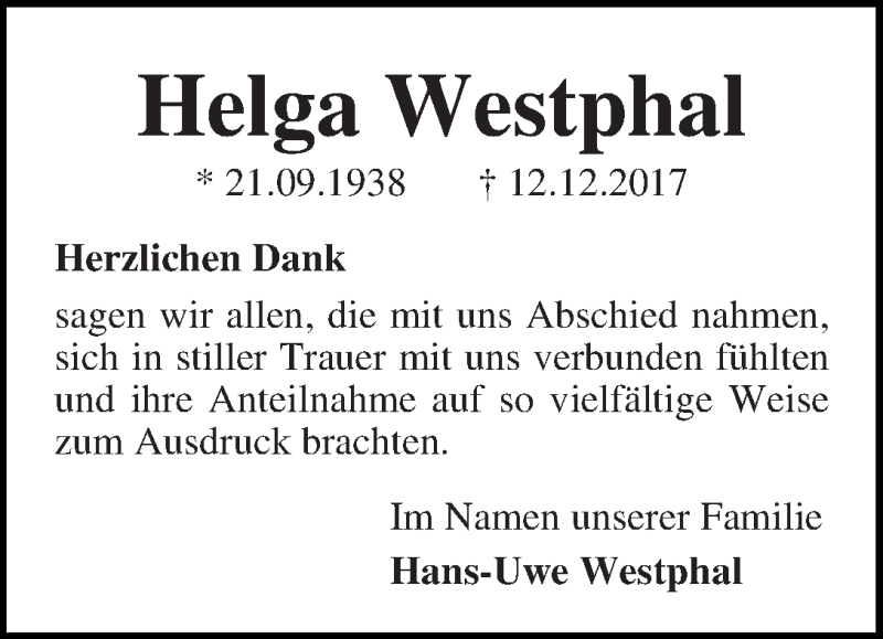 Traueranzeige von Helga Westphal von Die Norddeutsche