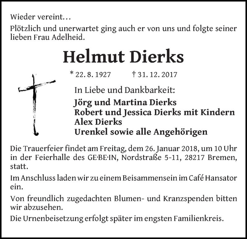 Traueranzeige von Helmut Dierks von WESER-KURIER