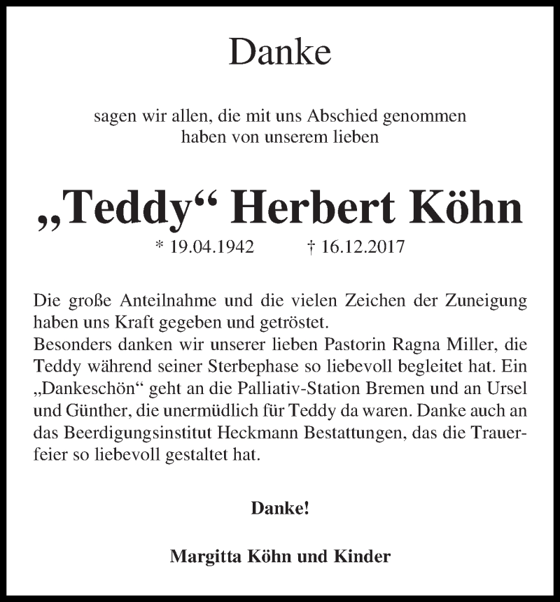 Traueranzeige von Herbert Köhn von Die Norddeutsche