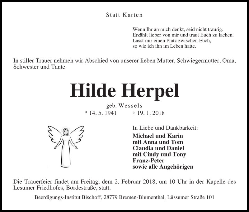 Traueranzeige von Hilde Herpel von WESER-KURIER