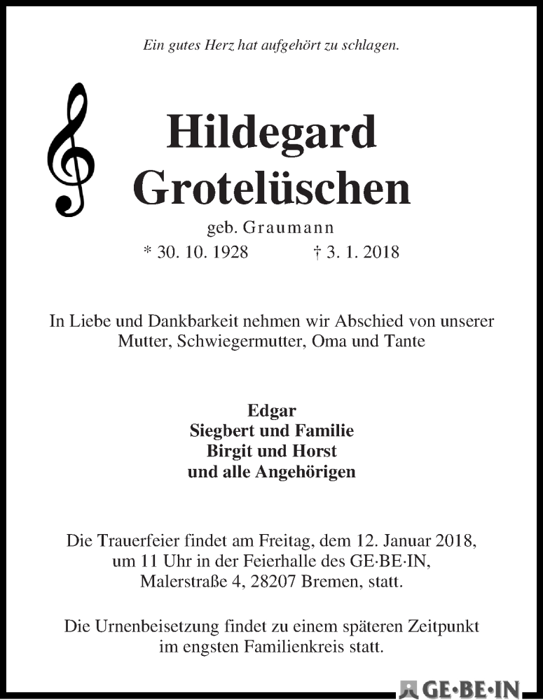 Traueranzeige von Hildegard Grotelüschen von WESER-KURIER