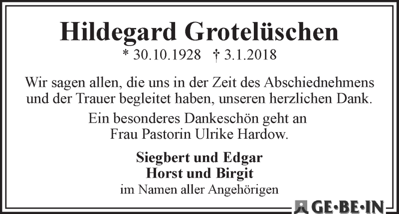 Traueranzeige von Hildegard Grotelüschen von WESER-KURIER