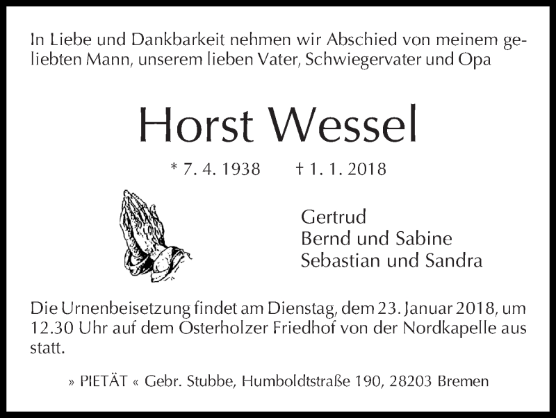 Traueranzeige von Horst Wessel von WESER-KURIER
