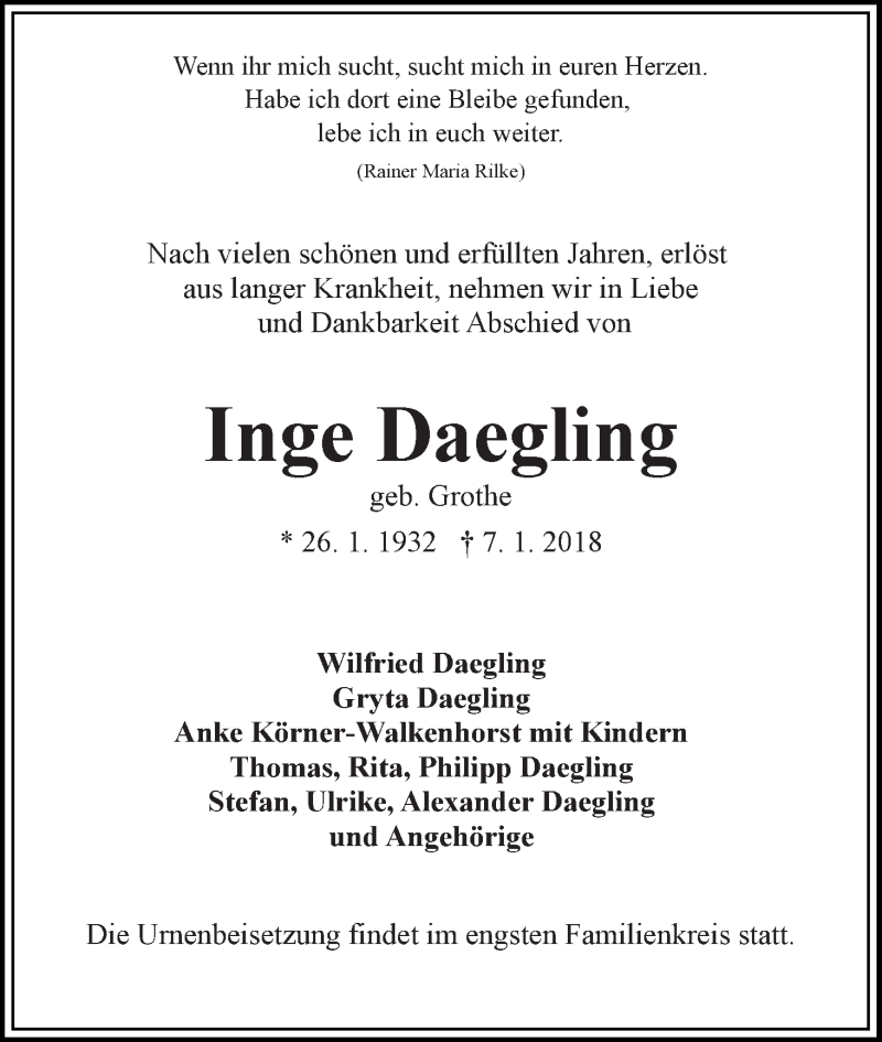 Traueranzeige von Inge Daegling von WESER-KURIER