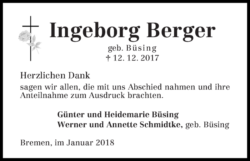 Traueranzeige von Ingeborg Berger von WESER-KURIER