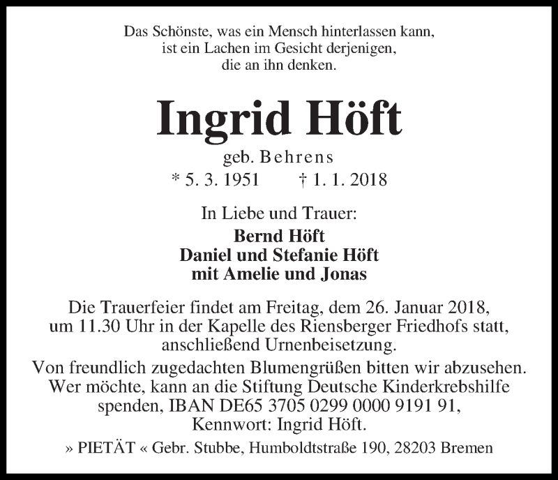 Traueranzeige von Ingrid Höft von WESER-KURIER