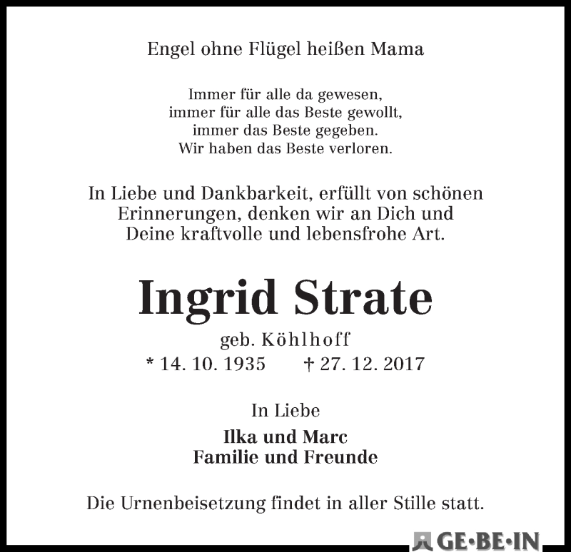Traueranzeige von Ingrid Strate von WESER-KURIER