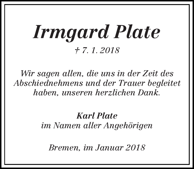 Traueranzeige von Irmgard Plate von WESER-KURIER