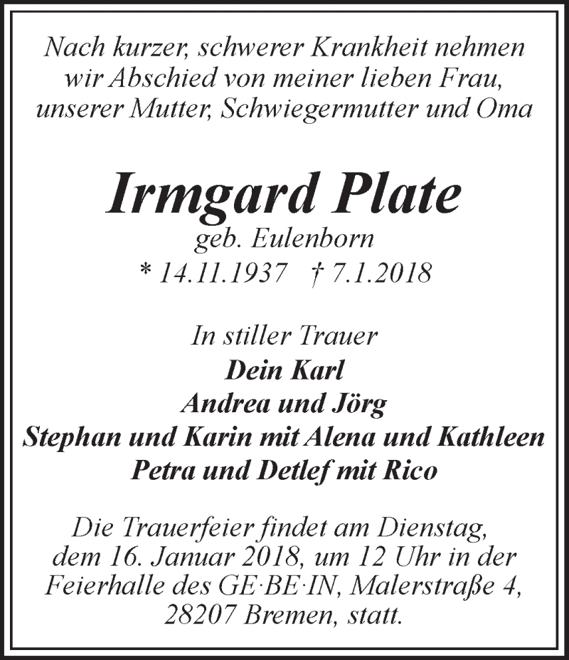 Traueranzeige von Irmgard Plate von WESER-KURIER
